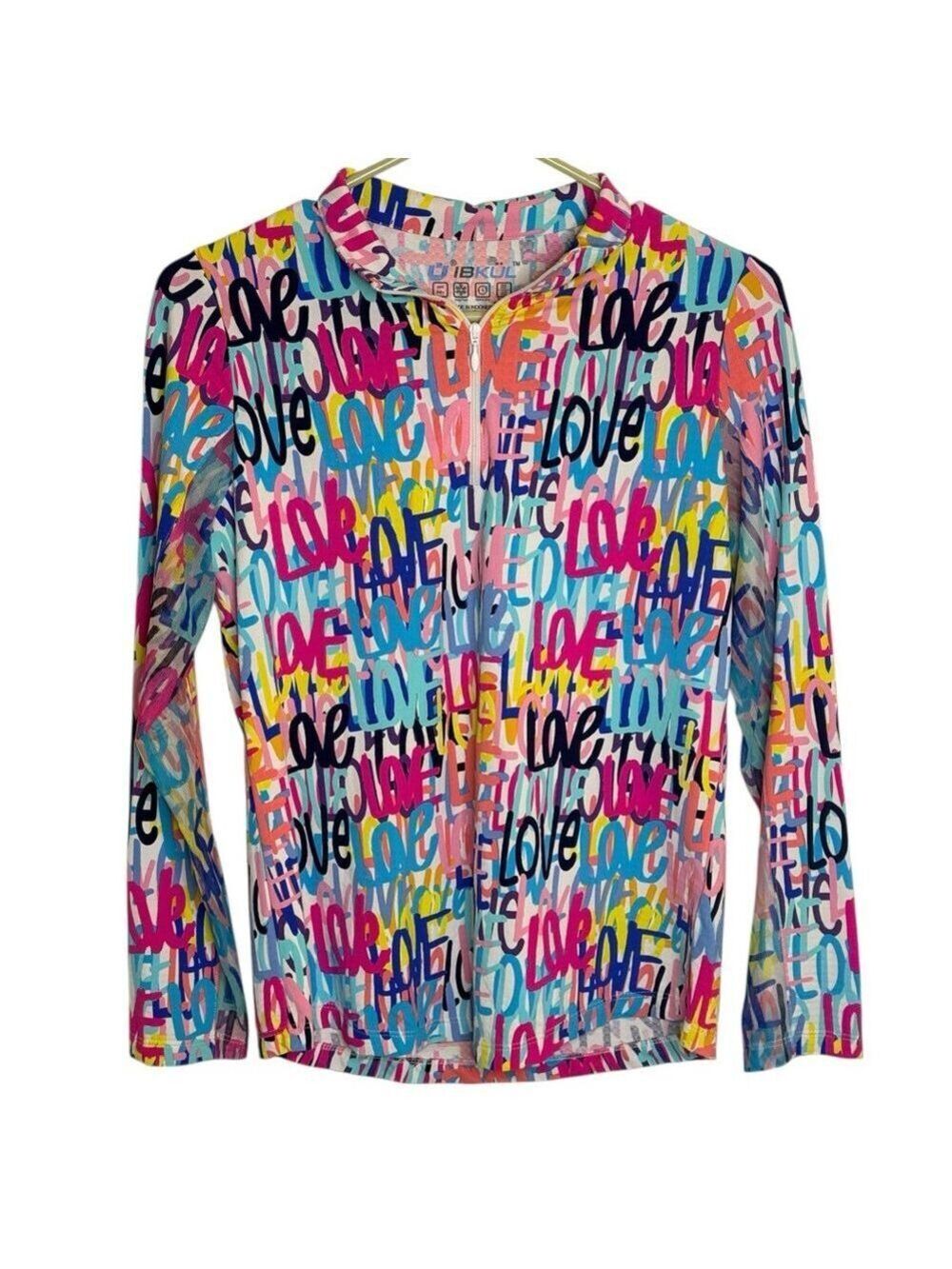 IBKUL Love Print Mock Neck Sun Shirt XS Mesh Underarm Cooling Athleisure